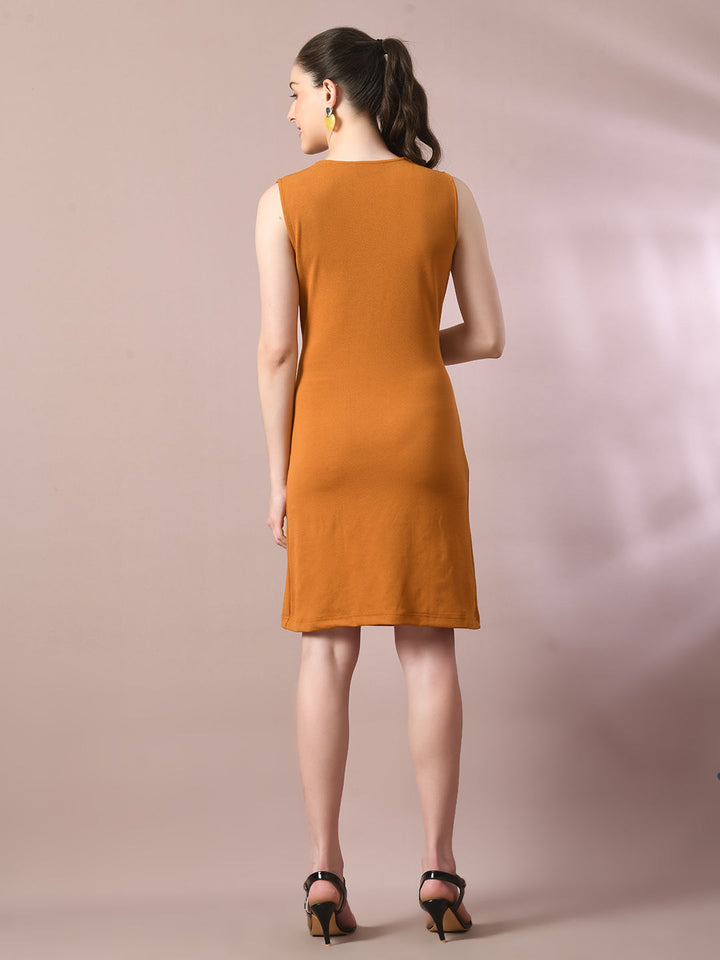 Women's  Mustard Solid Cowl Neck Bodycon Party Dress  - Myshka