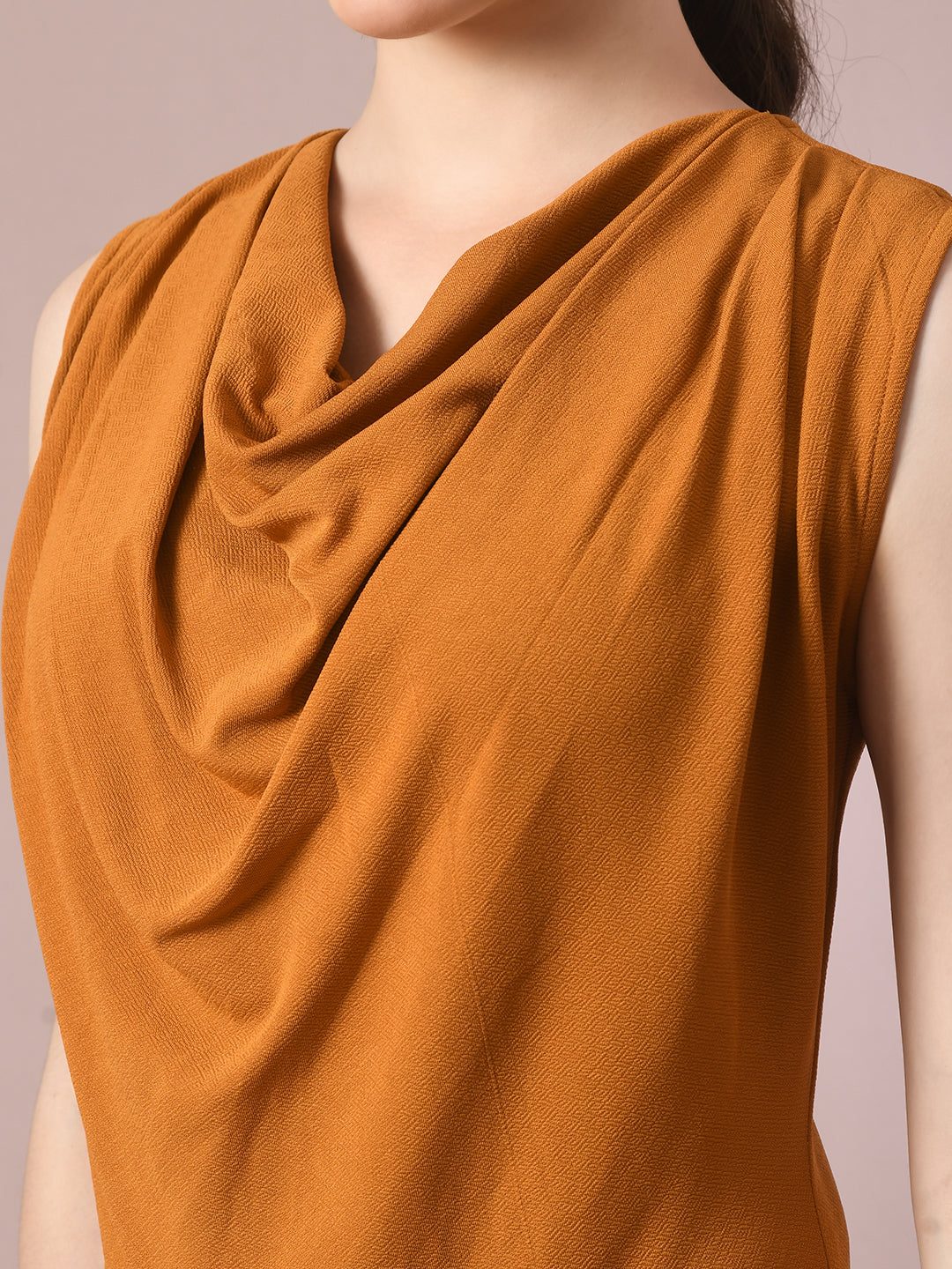 Women's  Mustard Solid Cowl Neck Bodycon Party Dress  - Myshka
