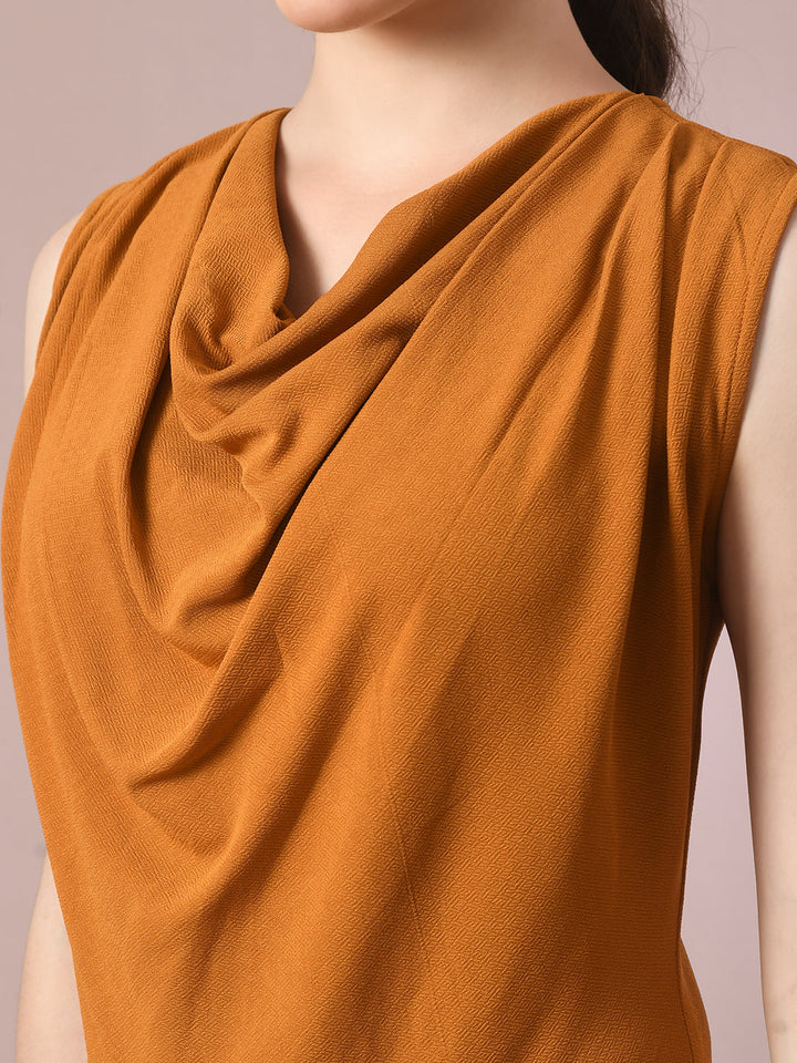 Women's  Mustard Solid Cowl Neck Bodycon Party Dress  - Myshka