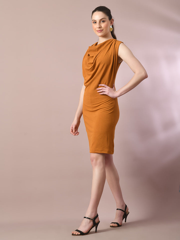 Women's  Mustard Solid Cowl Neck Bodycon Party Dress  - Myshka