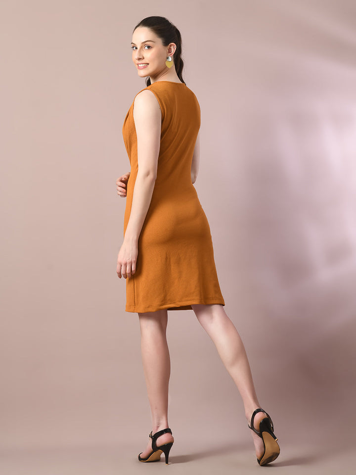 Women's  Mustard Solid Cowl Neck Bodycon Party Dress  - Myshka