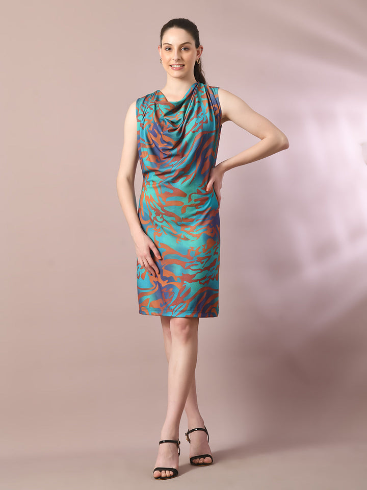 Women's  Multi Printed Cowl Neck Bodycon Party Dress  - Myshka
