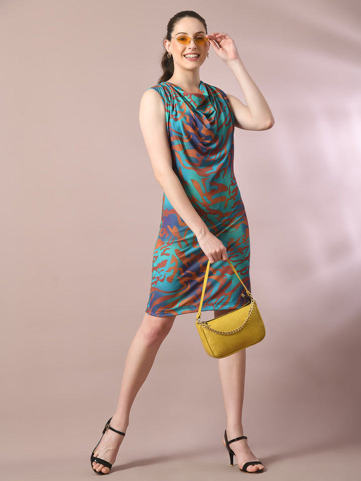 Women's  Multi Printed Cowl Neck Bodycon Party Dress  - Myshka