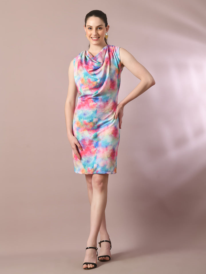 Women's  Multi Printed Cowl Neck Bodycon Party Dress  - Myshka