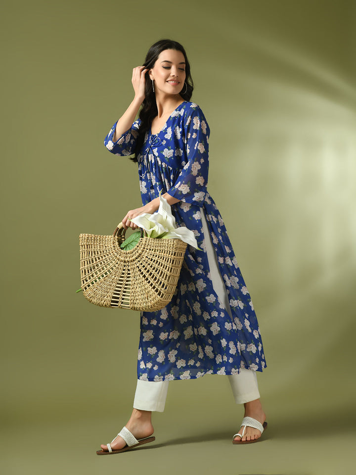 Women's  Blue Printed Georgette A-Line Nyra-Cut Kurta  - Myshka