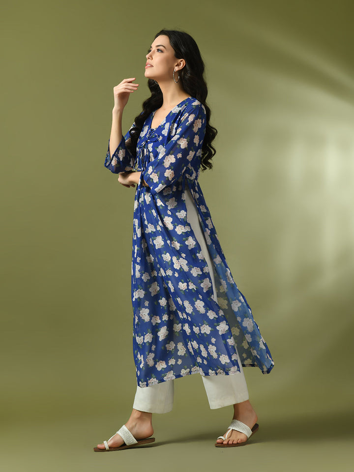 Women's  Blue Printed Georgette A-Line Nyra-Cut Kurta  - Myshka