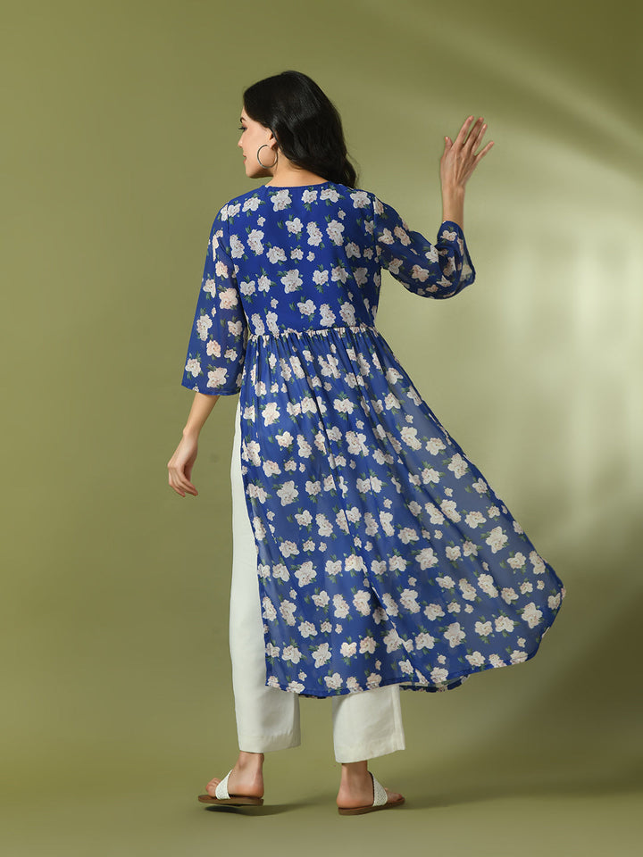 Women's  Blue Printed Georgette A-Line Nyra-Cut Kurta  - Myshka