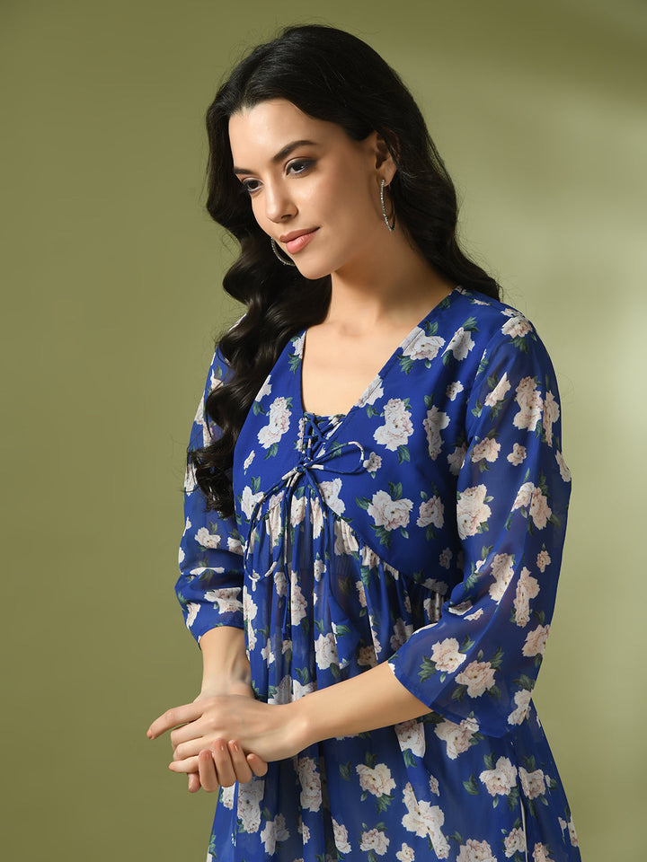 Women's  Blue Printed Georgette A-Line Nyra-Cut Kurta  - Myshka