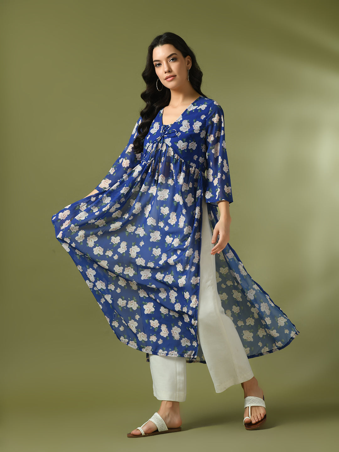 Women's  Blue Printed Georgette A-Line Nyra-Cut Kurta  - Myshka