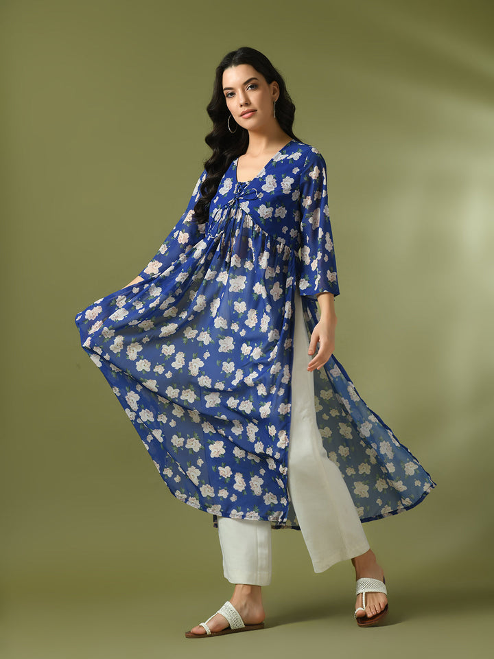 Women's  Blue Printed Georgette A-Line Nyra-Cut Kurta  - Myshka