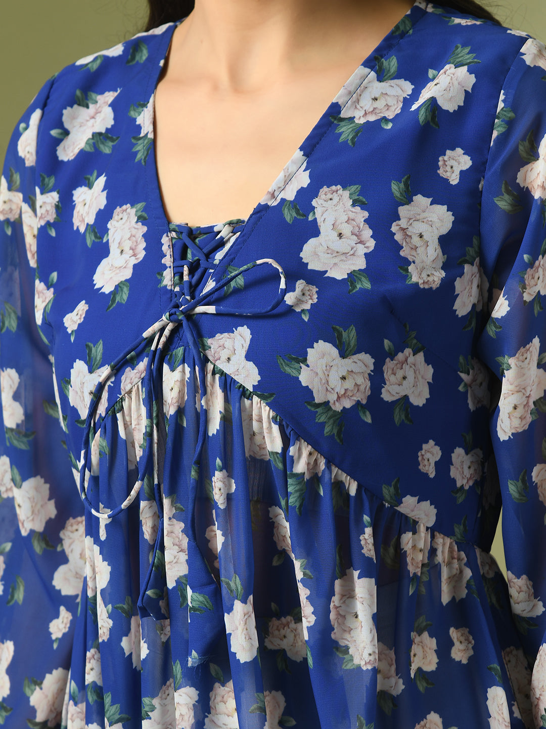 Women's  Blue Printed Georgette A-Line Nyra-Cut Kurta  - Myshka