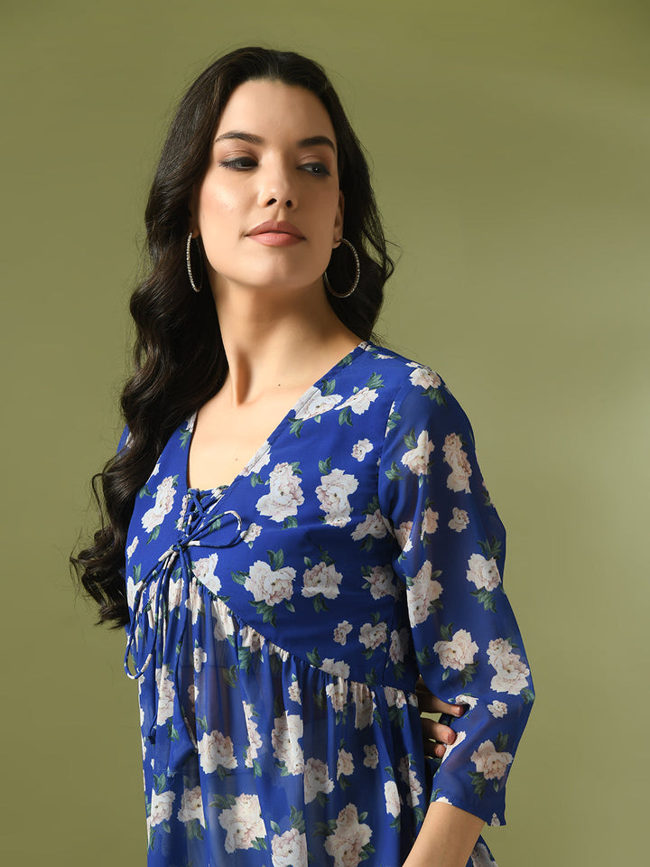 Women's  Blue Printed Georgette A-Line Nyra-Cut Kurta  - Myshka