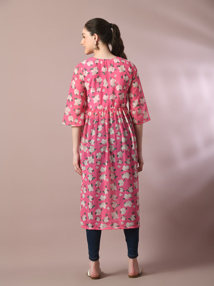 Women's  Pink Printed Georgette A-Line Nyra-Cut Kurta  - Myshka