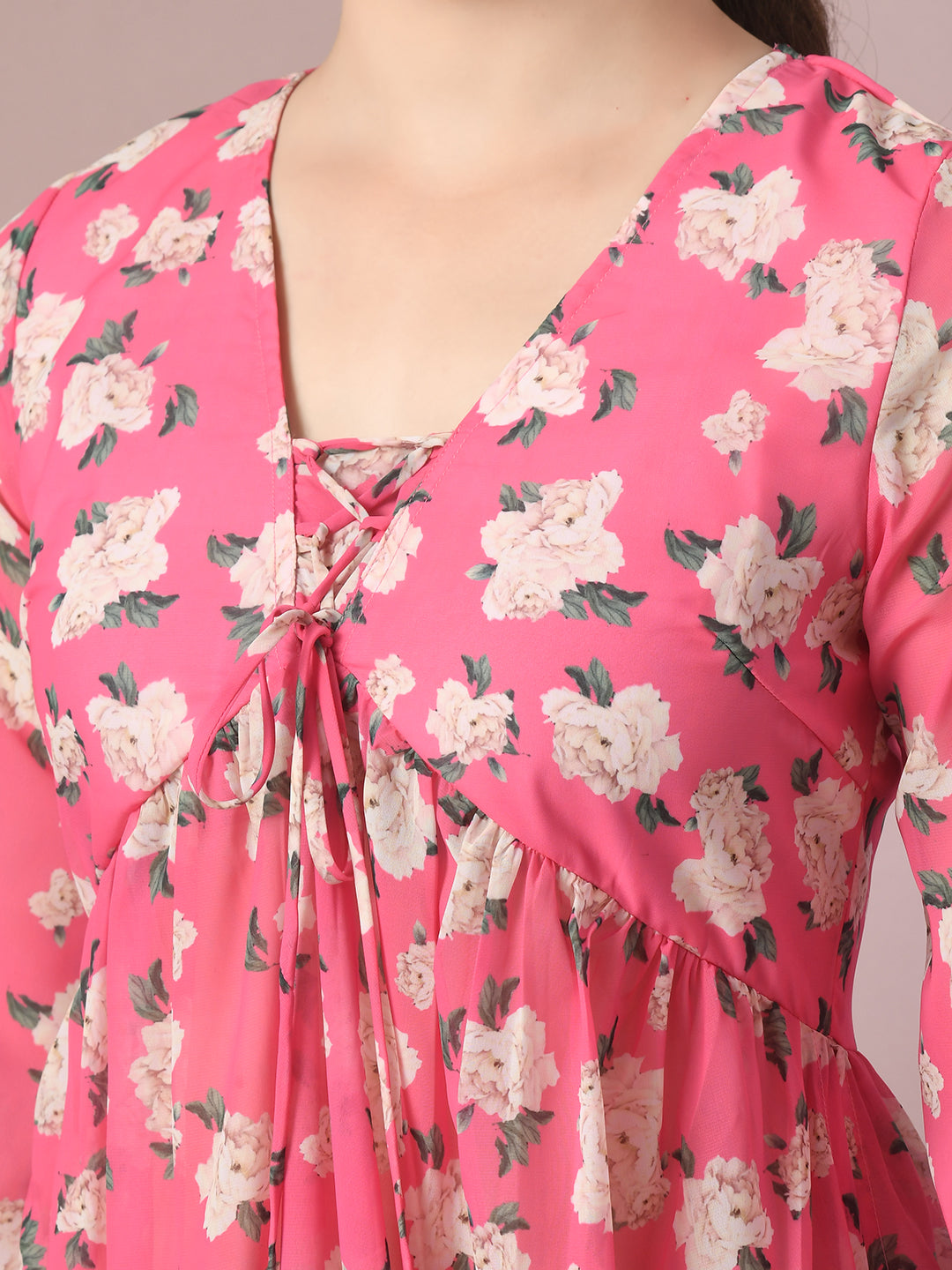 Women's  Pink Printed Georgette A-Line Nyra-Cut Kurta  - Myshka