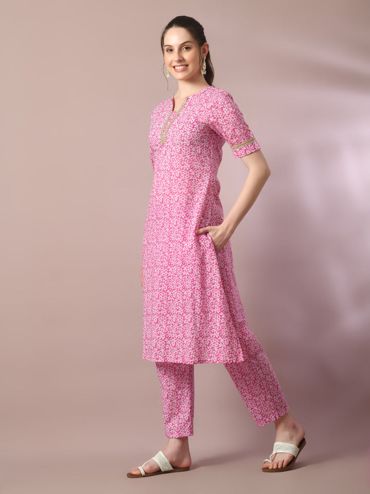 Women's  Pink Printed Cotton Straight Party Kurta Sets  - Myshka