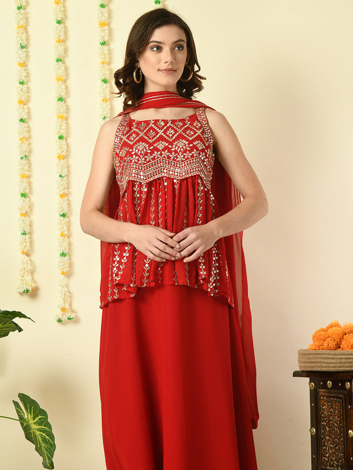 Women's Red  Georgette Top & Skirt With Dupatta Party Sets Myshka