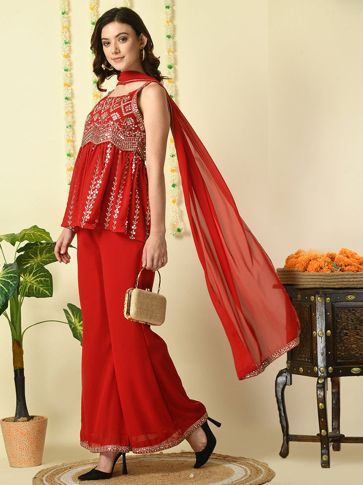 Women's Red  Georgette Top & Palazzos With Dupatta Party Sets Myshka