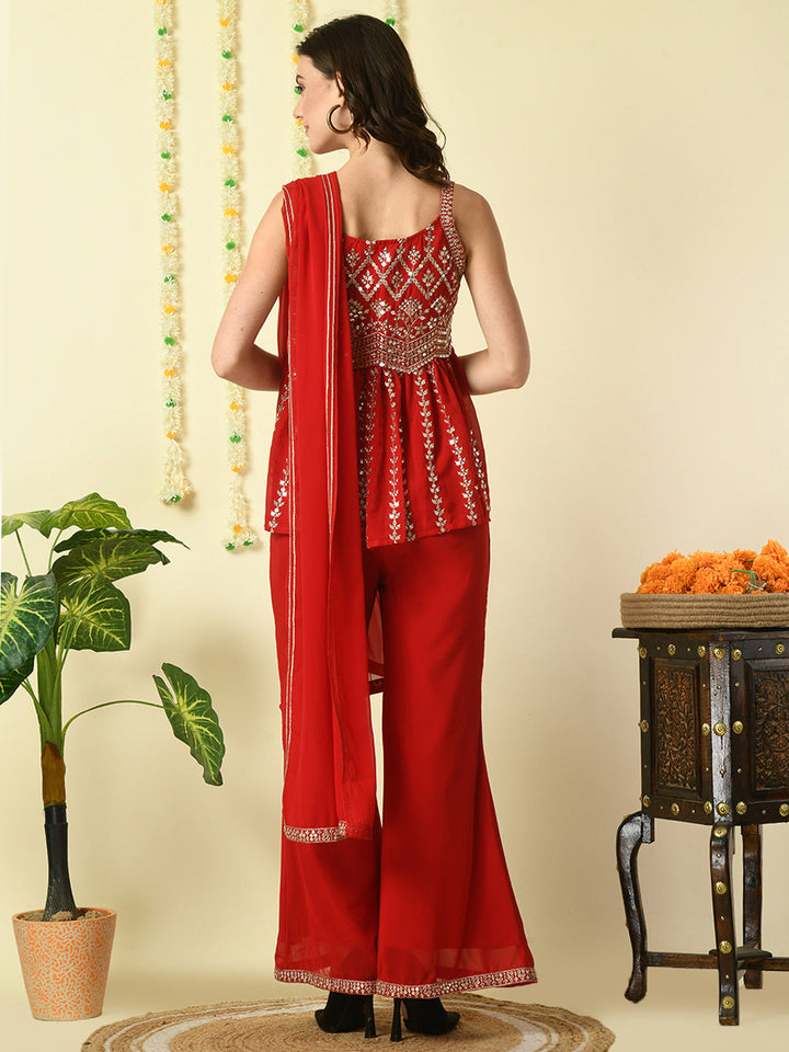 Women's Red  Georgette Top & Palazzos With Dupatta Party Sets Myshka