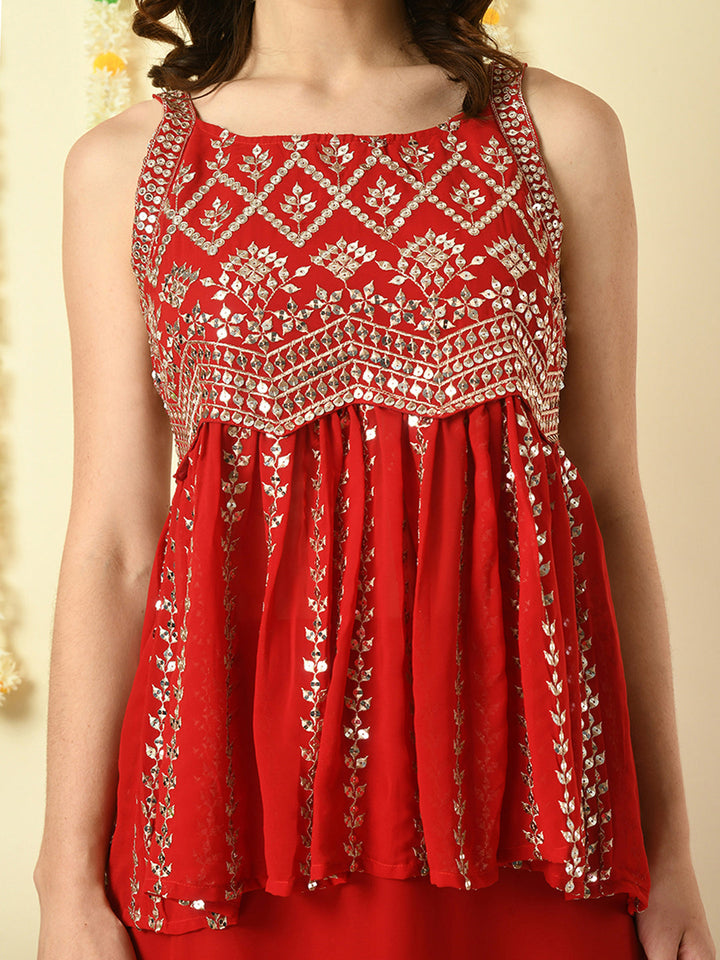 Women's Red  Georgette Top & Palazzos With Dupatta Party Sets Myshka