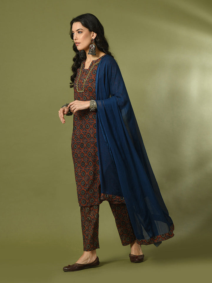 Women's  Multi Printed Cotton Straight Party Kurta Sets With Dupatta - Myshka