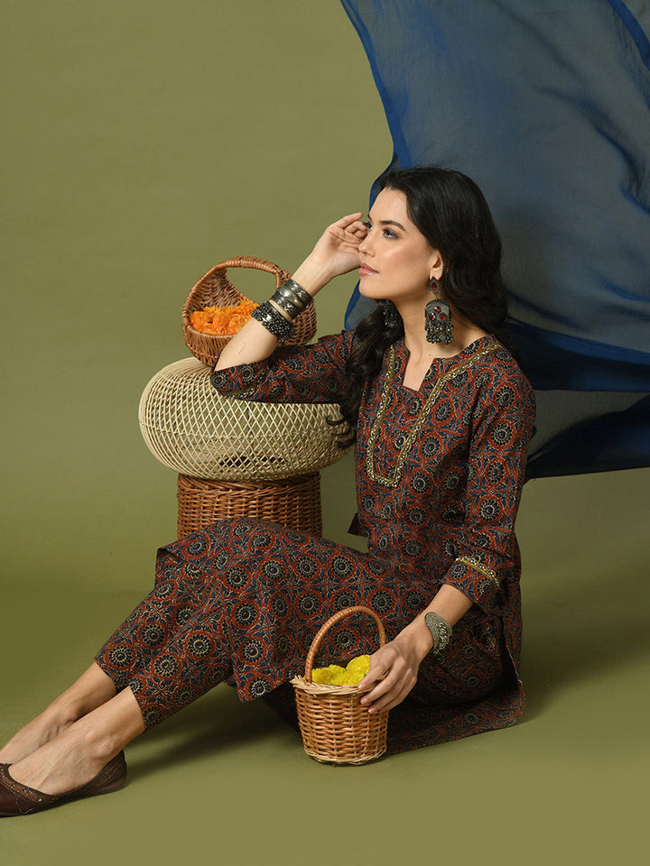 Women's  Multi Printed Cotton Straight Party Kurta Sets With Dupatta - Myshka