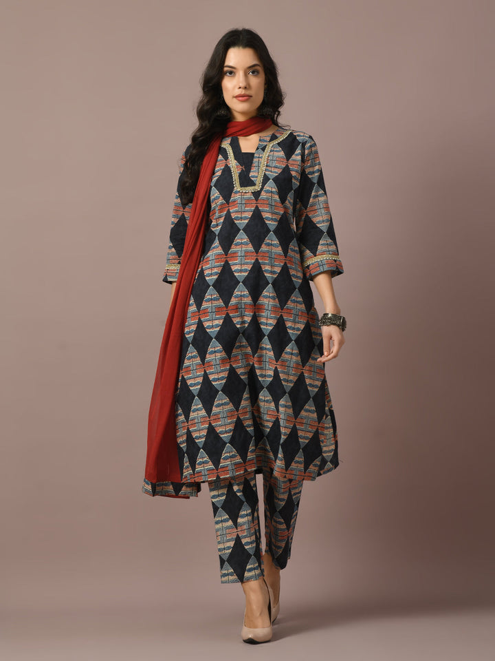 Women's  Multi Printed Cotton Straight Party Kurta Sets With Dupatta - Myshka