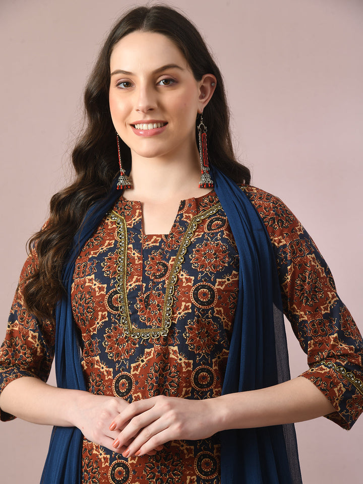 Women's  Multi Printed Cotton Straight Party Kurta Sets With Dupatta - Myshka
