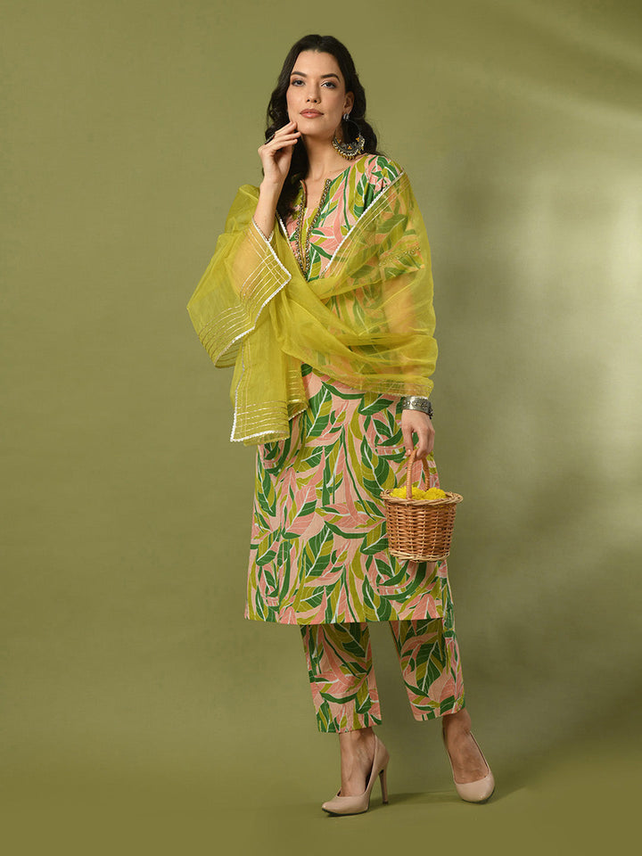 Women's  Multi Printed Cotton Straight Party Kurta Sets With Dupatta - Myshka