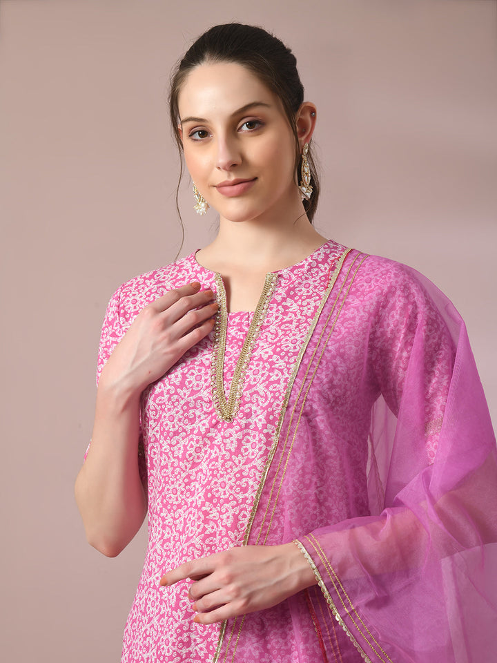 Women's  Pink Printed Cotton Straight Party Kurta Sets With Dupatta - Myshka