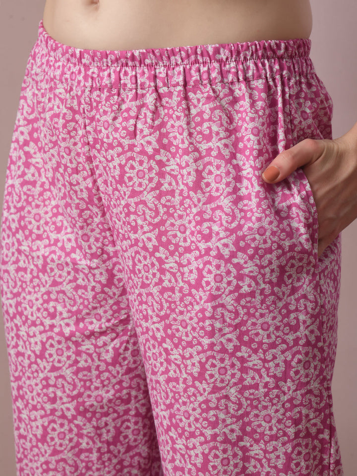 Women's  Pink Printed Cotton Straight Party Kurta Sets With Dupatta - Myshka