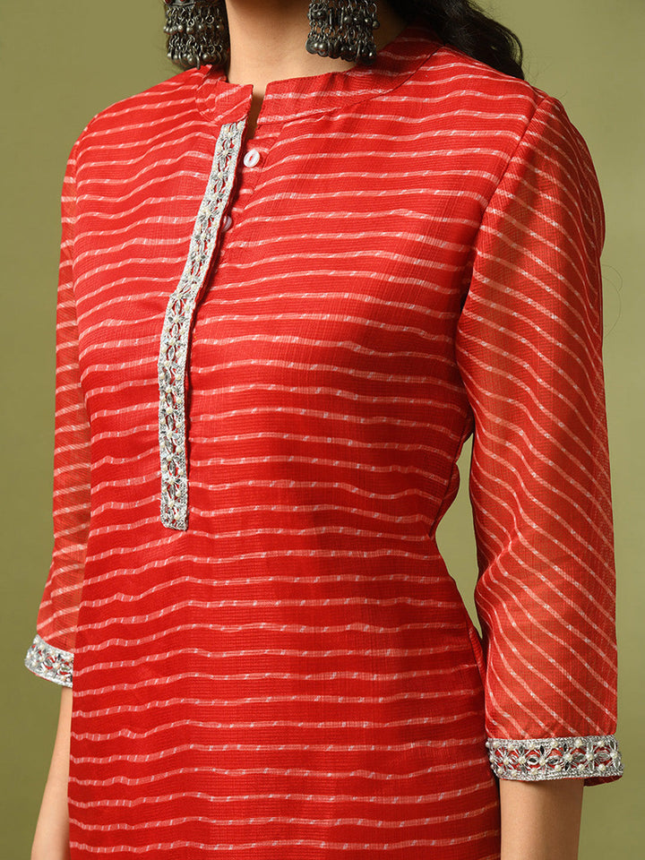 Women's  Red Printed Kota Straight Party Kurta Sets With Dupatta - Myshka