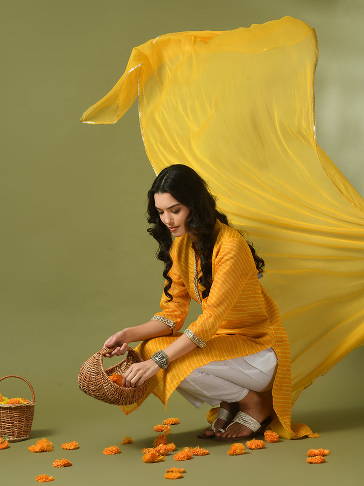 Women's  Yellow Printed Kota Straight Party Kurta Sets With Dupatta - Myshka