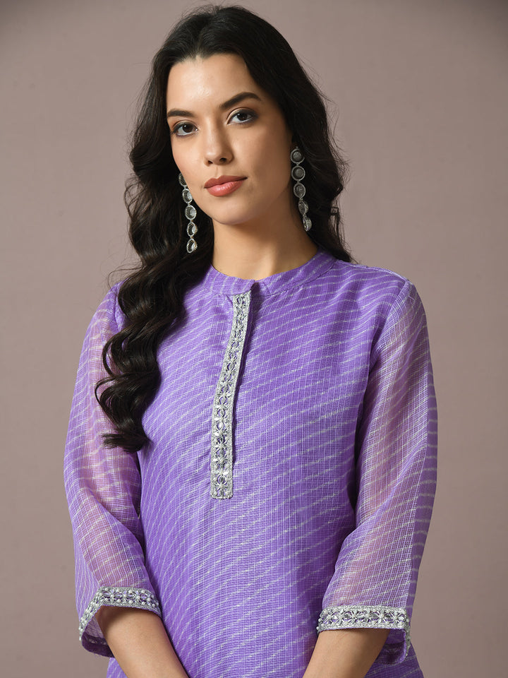 Women's  Lavender Printed Kota Straight Party Kurta Sets With Dupatta - Myshka