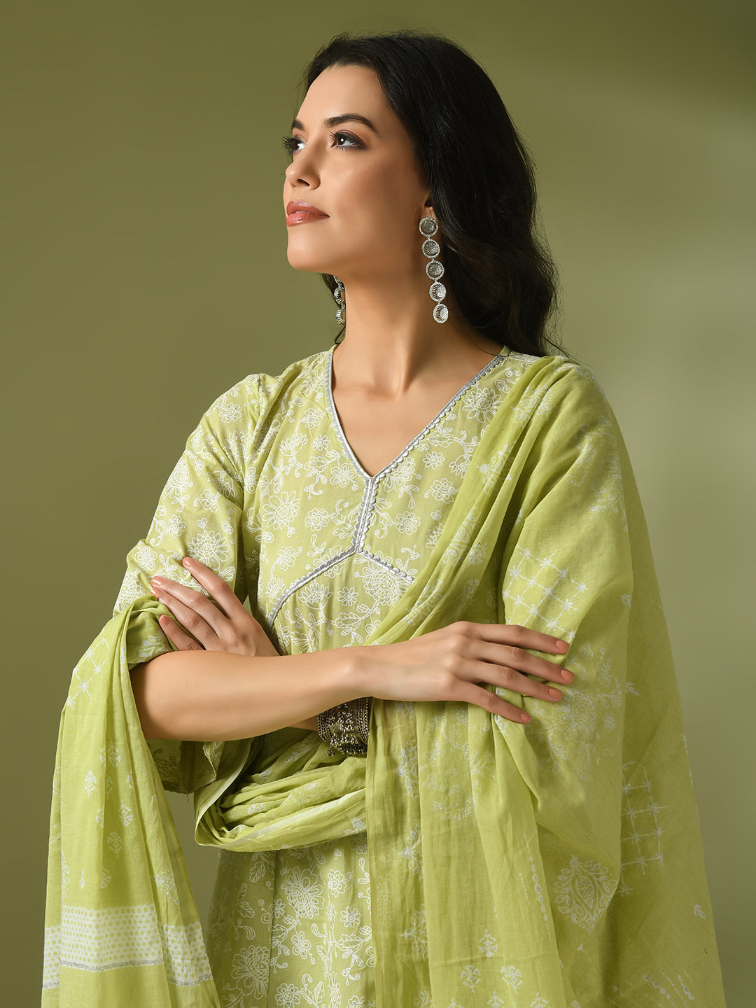 Women's  Lime Green Printed Cotton Anarkali Party Kurta Sets With Dupatta - Myshka