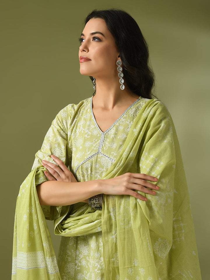 Women's  Lime Green Printed Cotton Anarkali Party Kurta Sets With Dupatta - Myshka