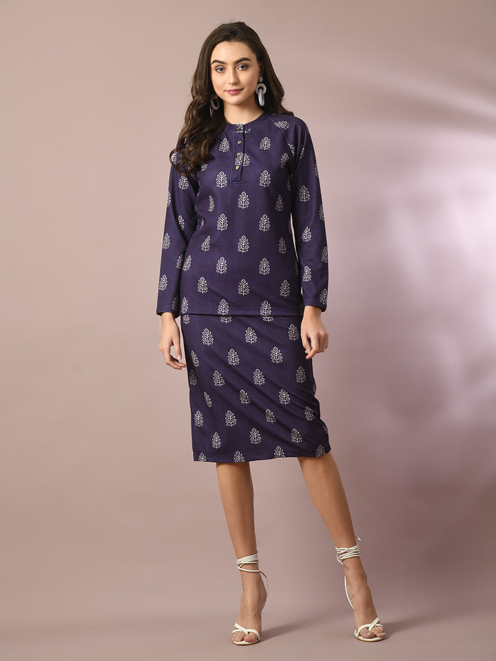 Women's  Navy Blue Printed Knee Length Party Embellished Skirts   - Myshka
