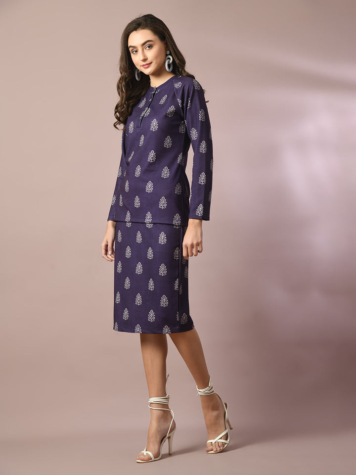 Women's  Navy Blue Printed Knee Length Party Embellished Skirts   - Myshka