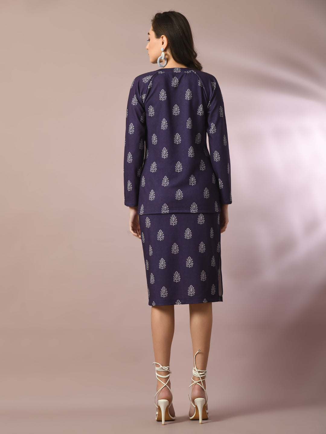 Women's  Navy Blue Printed Knee Length Party Embellished Skirts   - Myshka