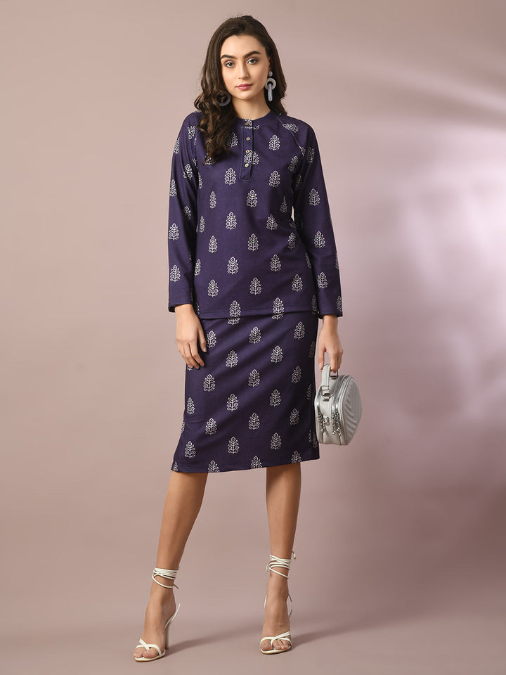 Women's  Navy Blue Printed Knee Length Party Embellished Skirts   - Myshka