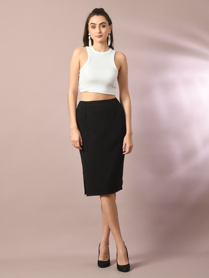 Women's  Black Solid Knee Length Party Embellished Skirts   - Myshka