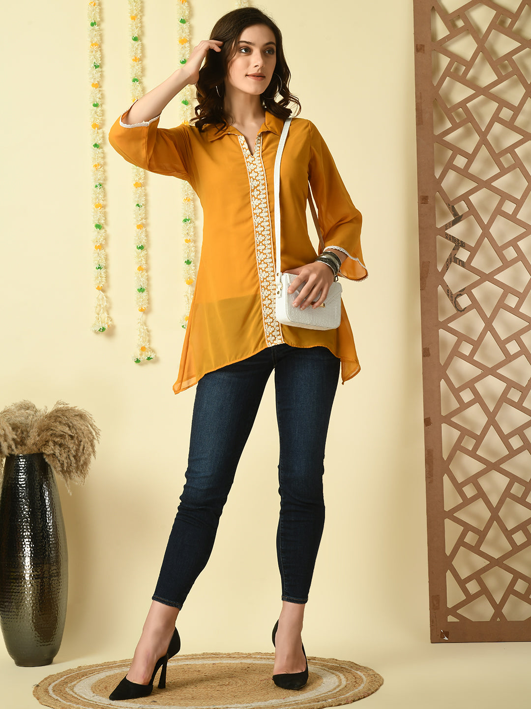 Women's Mustard Embroidered Party  Fusion Top Myshka