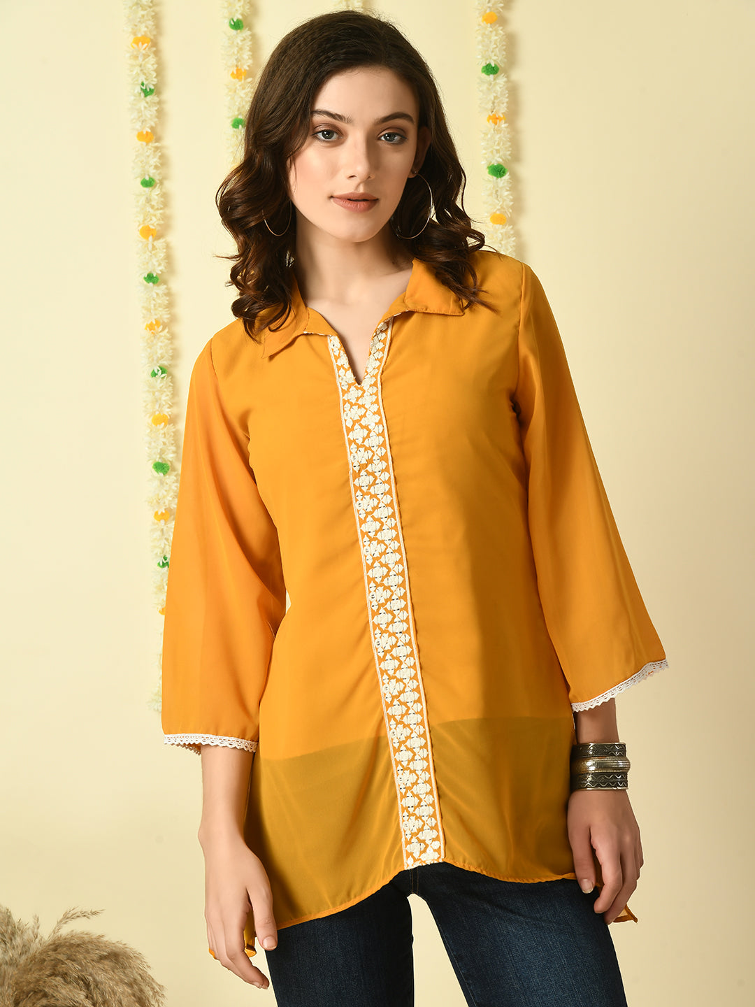 Women's Mustard Embroidered Party  Fusion Top Myshka