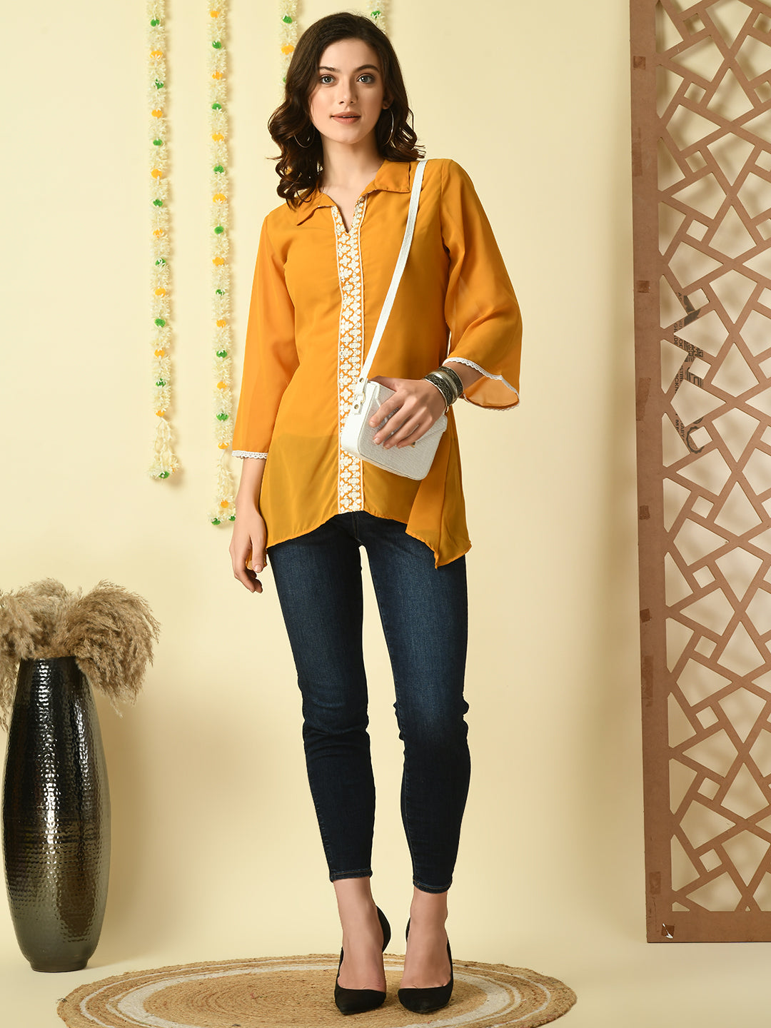 Women's Mustard Embroidered Party  Fusion Top Myshka