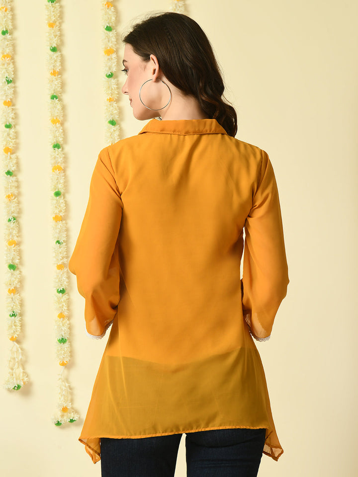 Women's Mustard Embroidered Party  Fusion Top Myshka
