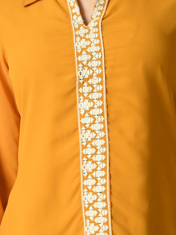 Women's Mustard Embroidered Party  Fusion Top Myshka