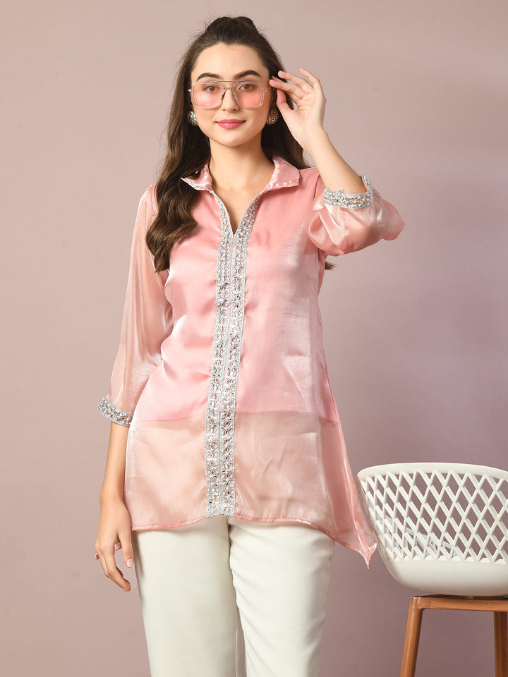 Women's  Pink Solid Longline Party Tunic  - Myshka