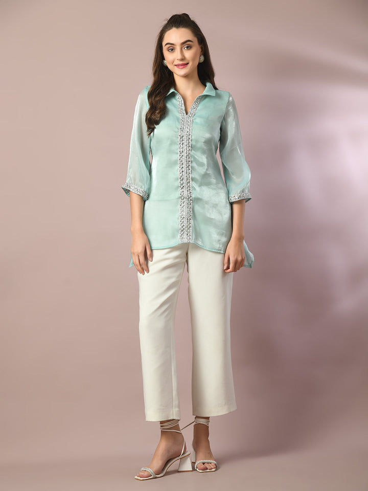 Women's  Blue Solid Longline Party Tunic  - Myshka