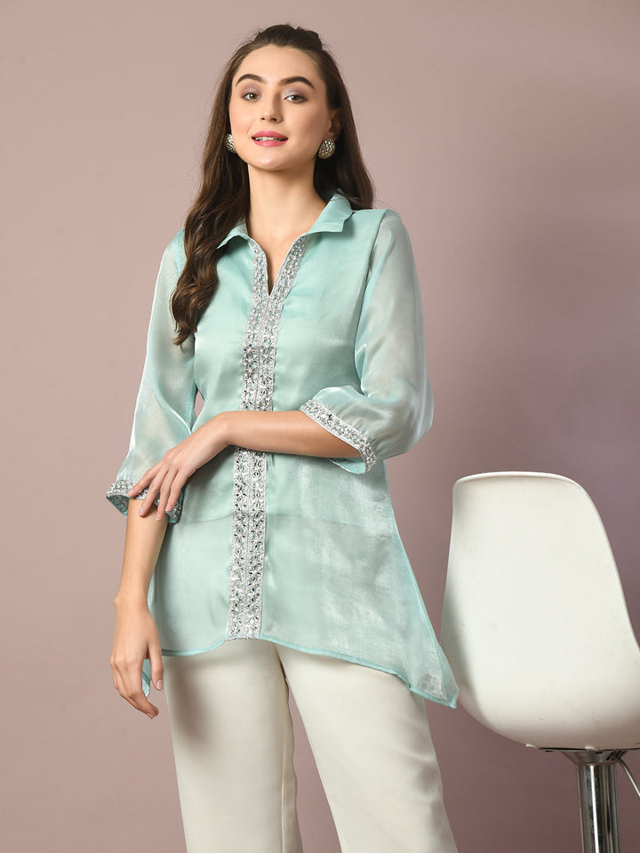 Women's  Blue Solid Longline Party Tunic  - Myshka
