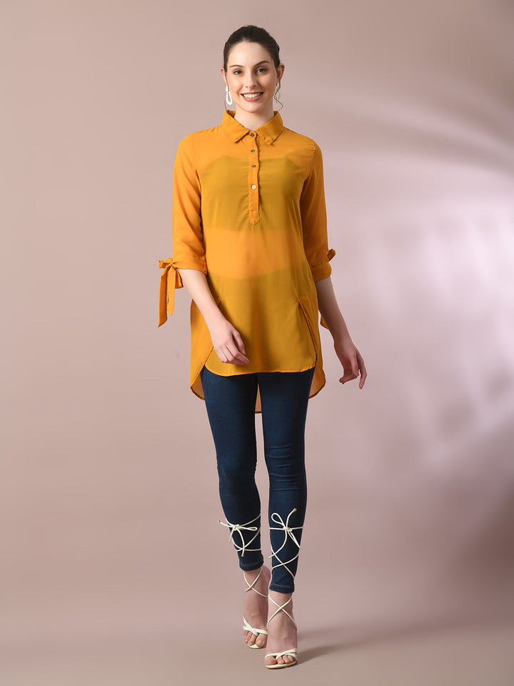 Women's  Yellow Solid Georgette Longline Party Sheer Tunic  - Myshka