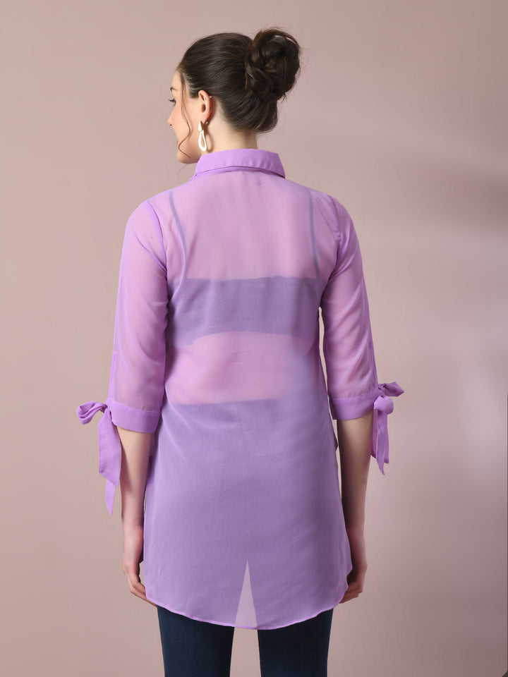 Women's  Lavender Solid Georgette Longline Party Sheer Tunic  - Myshka